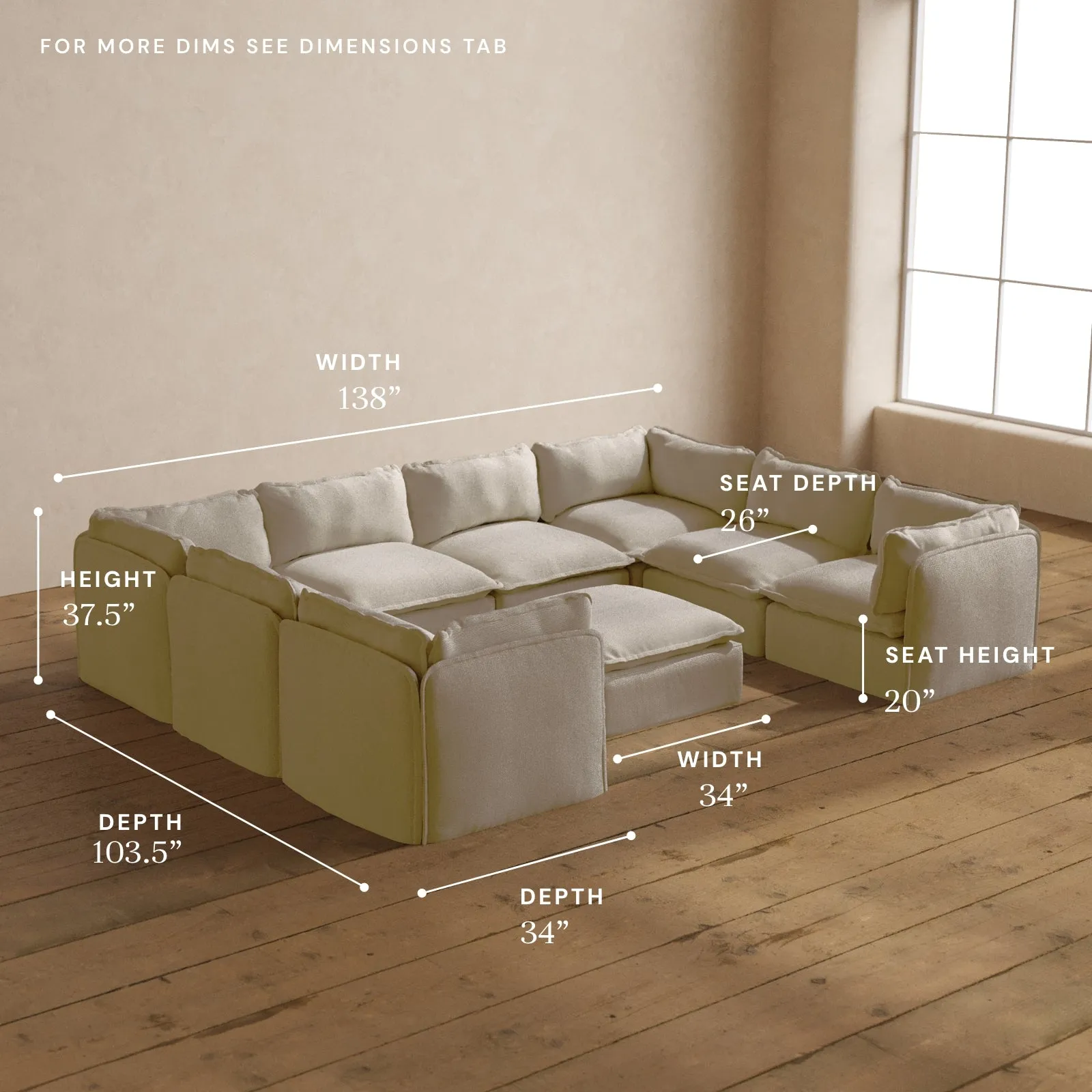 Modular Washable 8-Seater U-Sectional   Ottoman in Powder | Deluxe  Seat | Contour Pillow