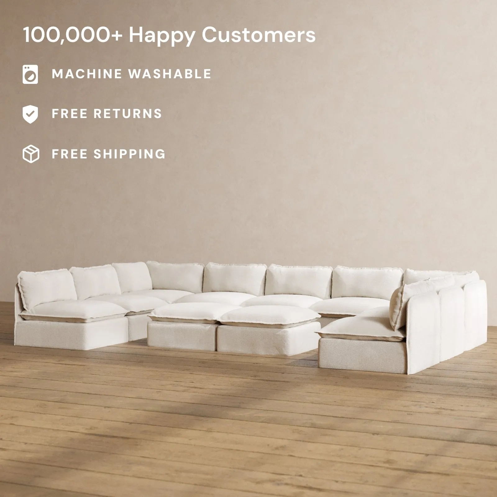 Modular Washable 9-Seater Open-Ends U-Sectional   Bench Ottoman in Powder | Memorix  Seat | Contour Pillow