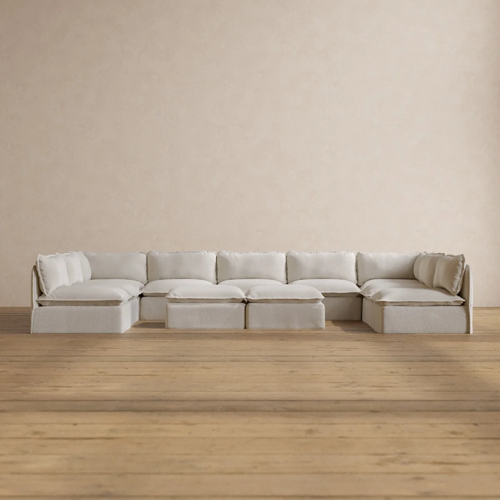 Modular Washable 9-Seater Open-Ends U-Sectional   Bench Ottoman in Powder | Memorix  Seat | Contour Pillow