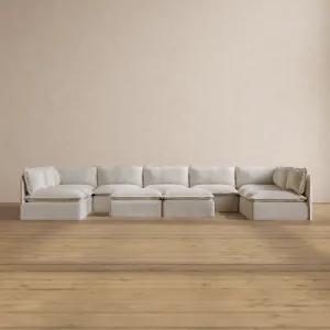 Modular Washable 9-Seater Open-Ends U-Sectional   Bench Ottoman in Powder | Memorix  Seat | Contour Pillow
