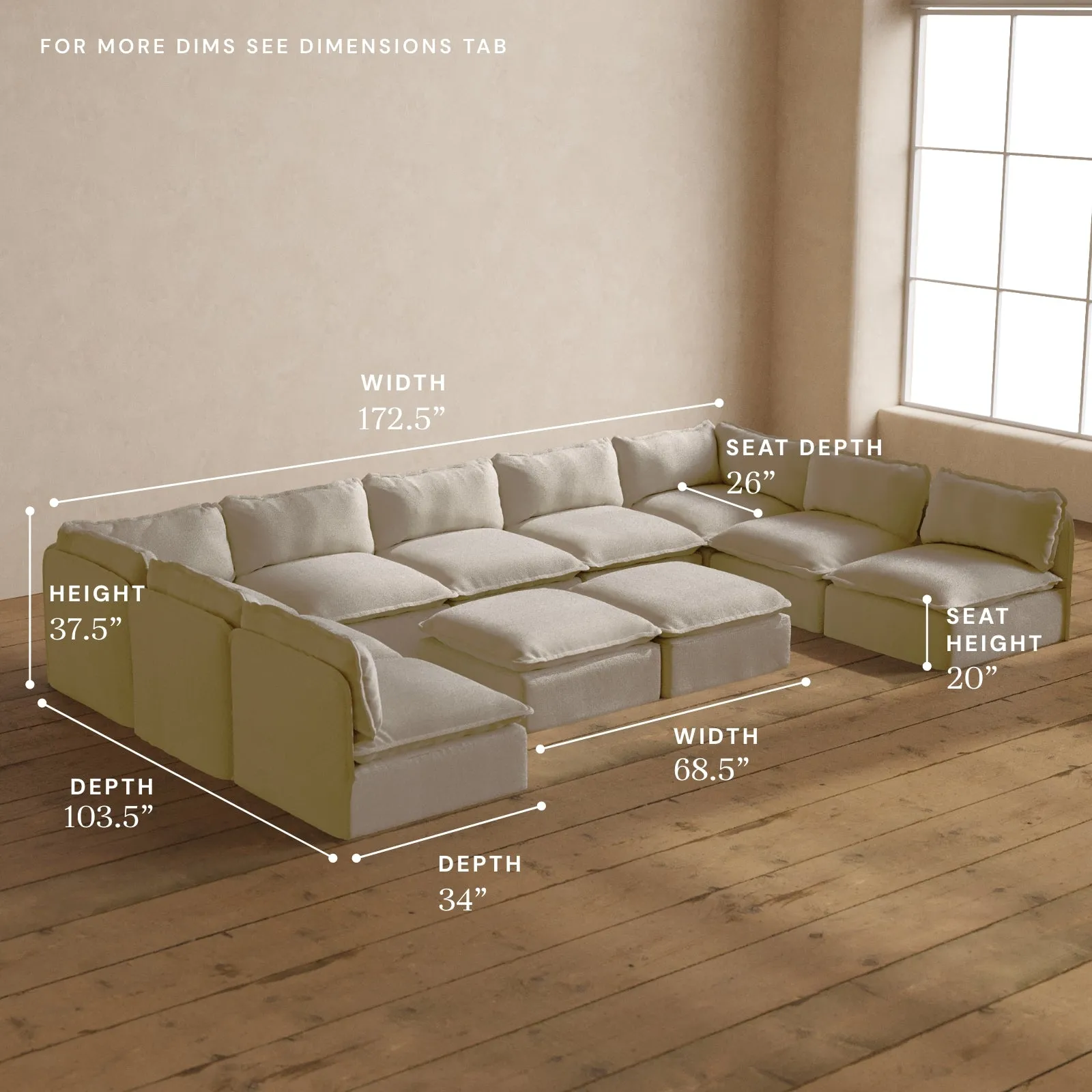 Modular Washable 9-Seater Open-Ends U-Sectional   Bench Ottoman in Powder | Memorix  Seat | Contour Pillow