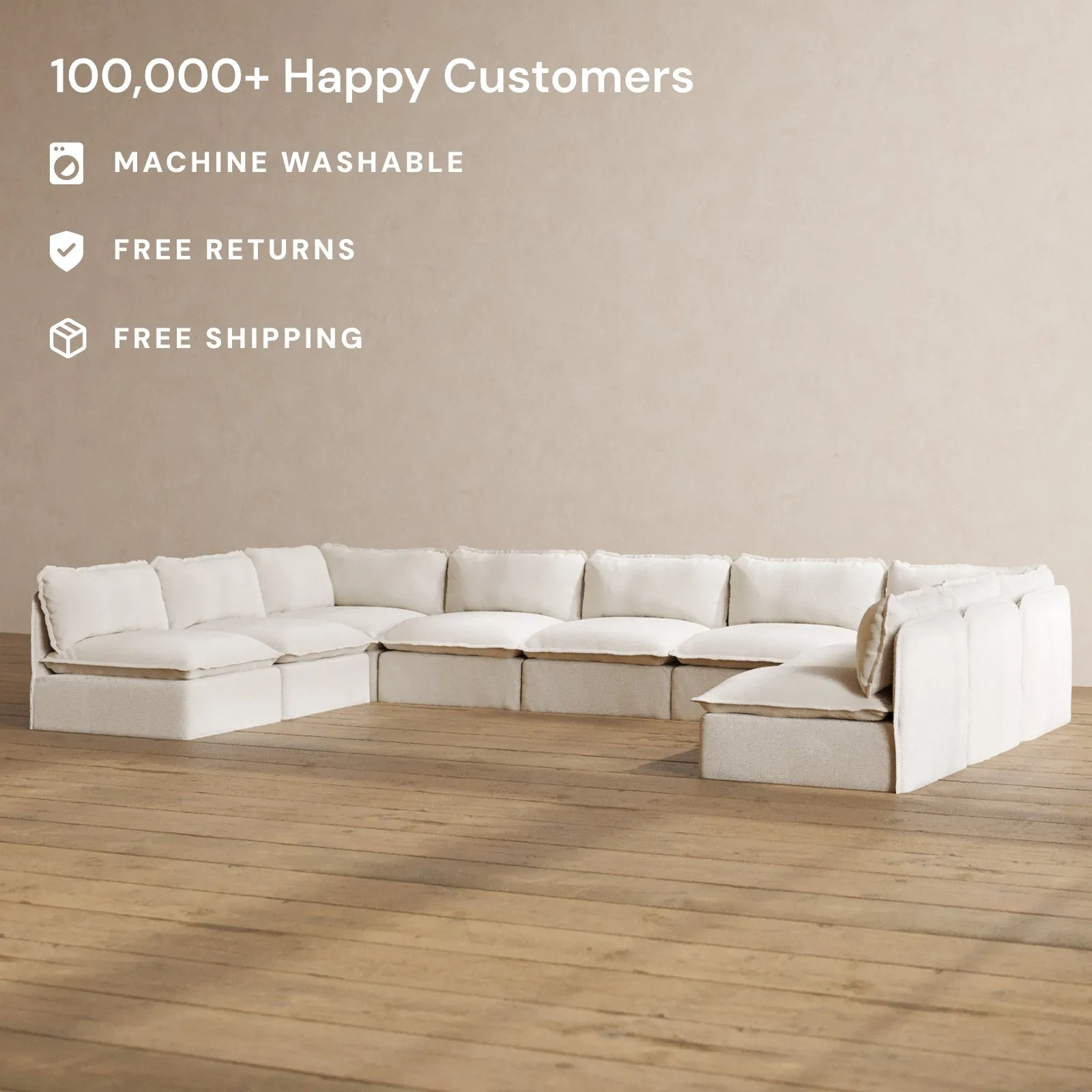 Modular Washable 9-Seater Open-Ends U-Sectional in Powder | Deluxe  Seat | Contour Pillow