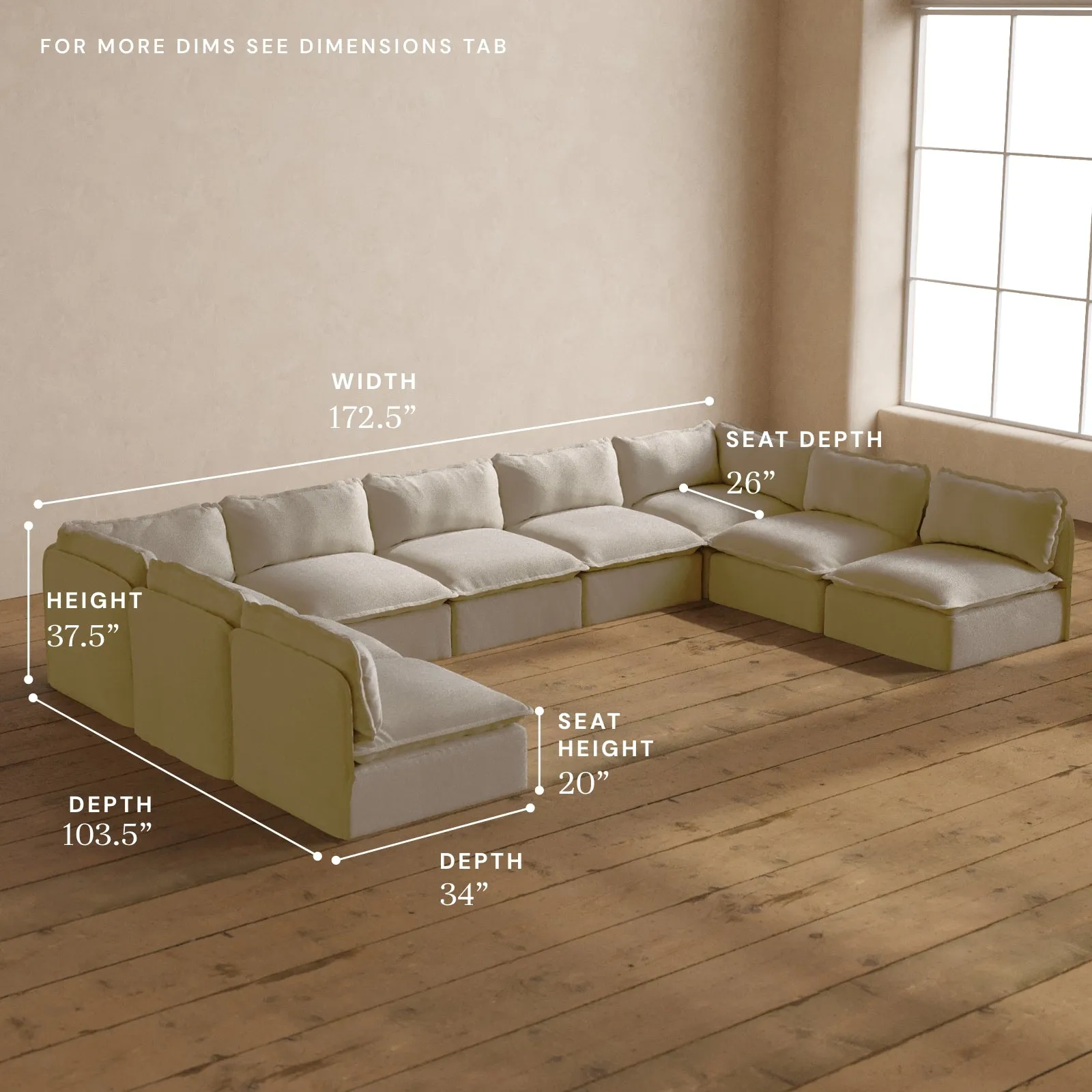 Modular Washable 9-Seater Open-Ends U-Sectional in Powder | Deluxe  Seat | Contour Pillow