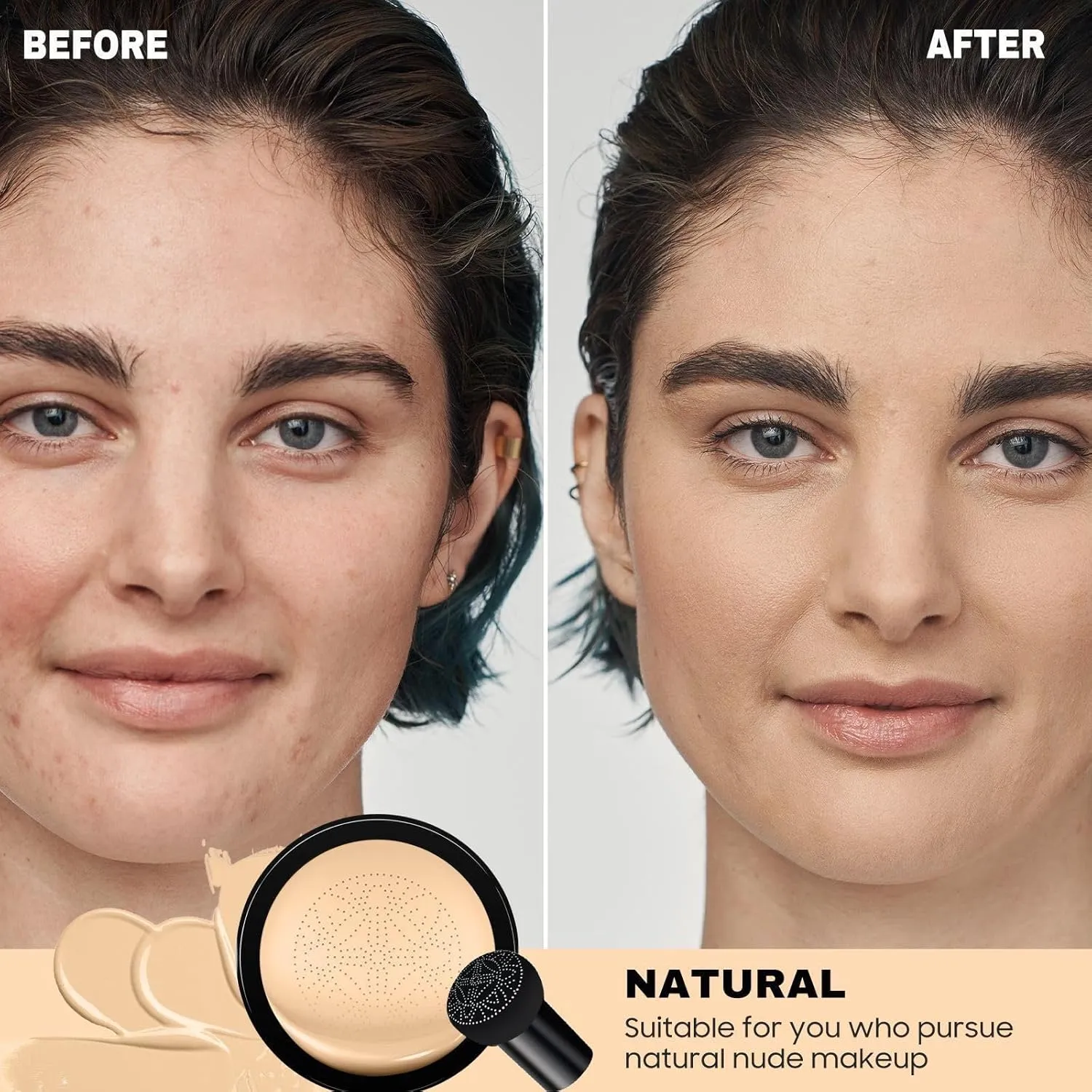 Mushroom Head Air Cushion CC Cream Foundation- Brightening Color Changing Foundation for Older Women, Moisturizing Full Coverage Self Adjusting Concealer Long-Lasting, Natural Finish (Natural)