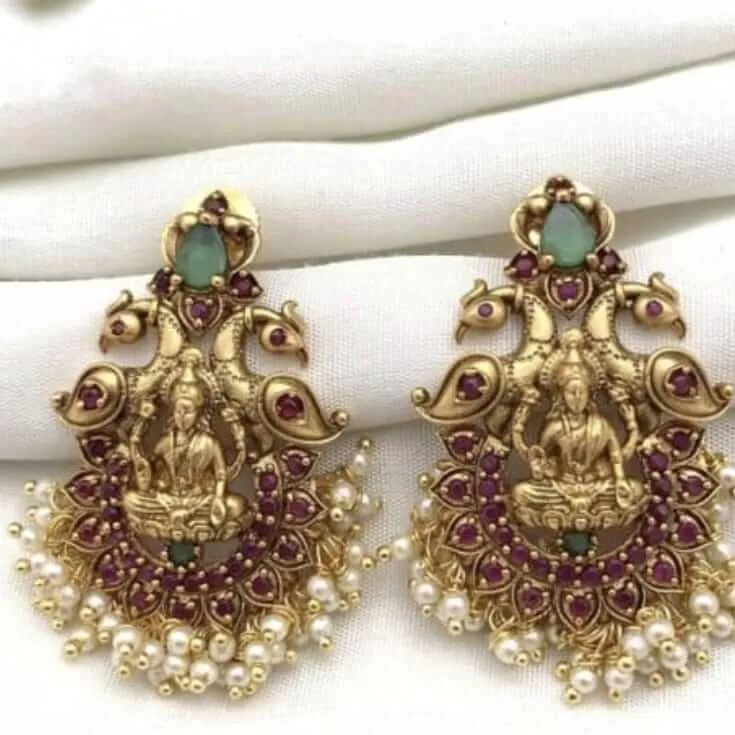 Peacock Matte Earrings With Pearls
