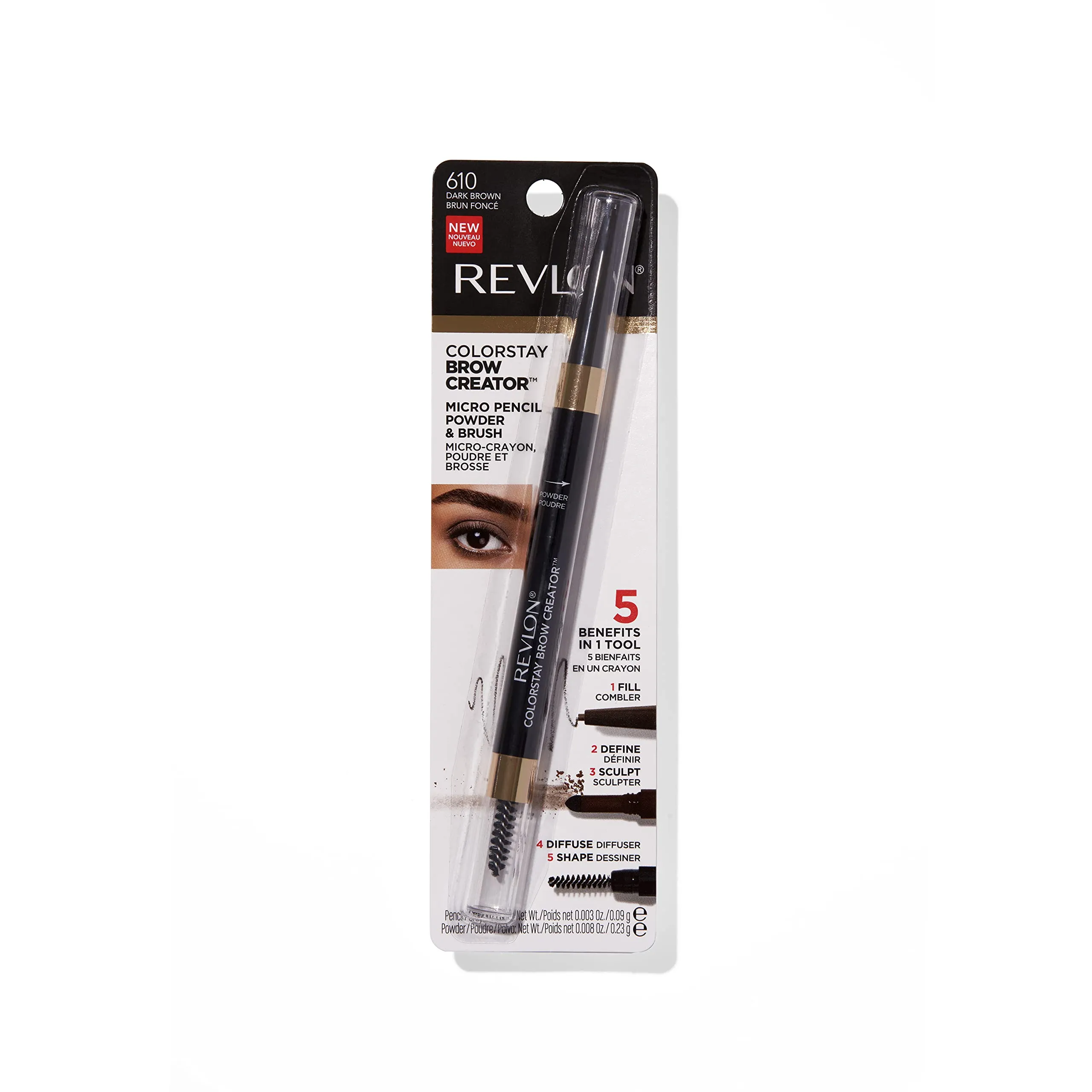 Revlon Eyebrow Pencil & Powder, ColorStay Brow Creator 2-in-1 Eye Makeup with Spoolie, Longwearing with Precision Tip, 610 Dark Brown, 0.23 Oz/ 6g
