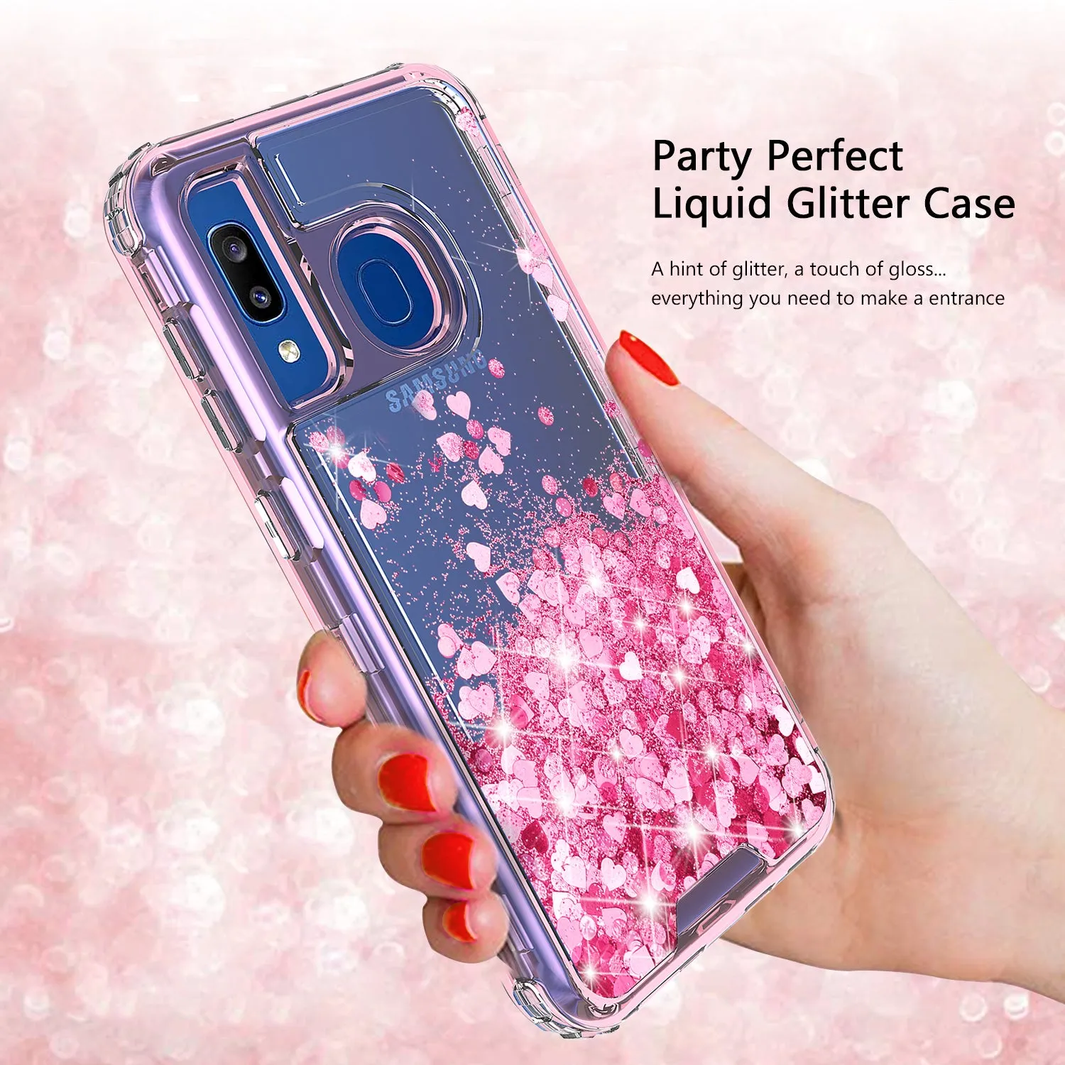 Samsung Galaxy A20 | A30 | A50 Case, Clear Glitter Sparkle Flowing Liquid Heavy Duty Shockproof Three Layer Hard Protective Bling Girls Women Cases for Samsung Galaxy A20/A30/A50 - Pink