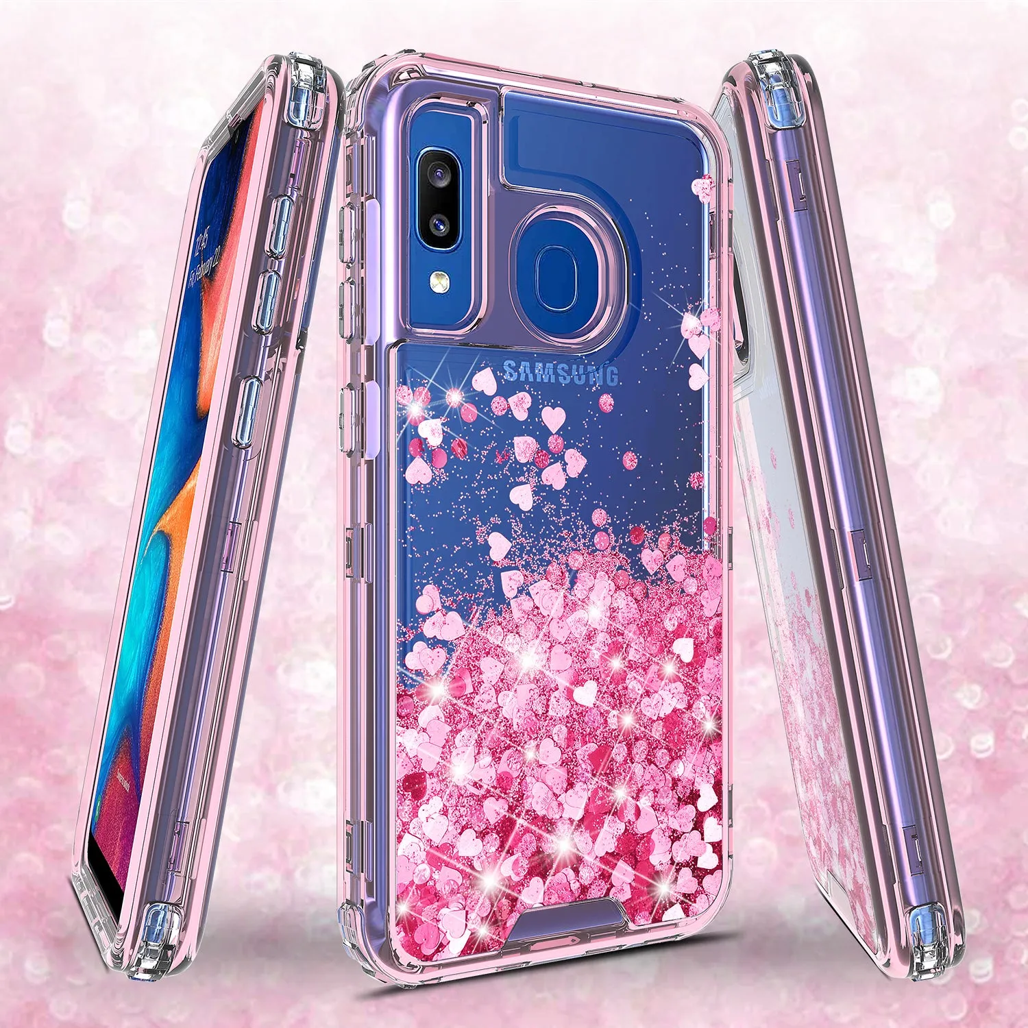 Samsung Galaxy A20 | A30 | A50 Case, Clear Glitter Sparkle Flowing Liquid Heavy Duty Shockproof Three Layer Hard Protective Bling Girls Women Cases for Samsung Galaxy A20/A30/A50 - Pink
