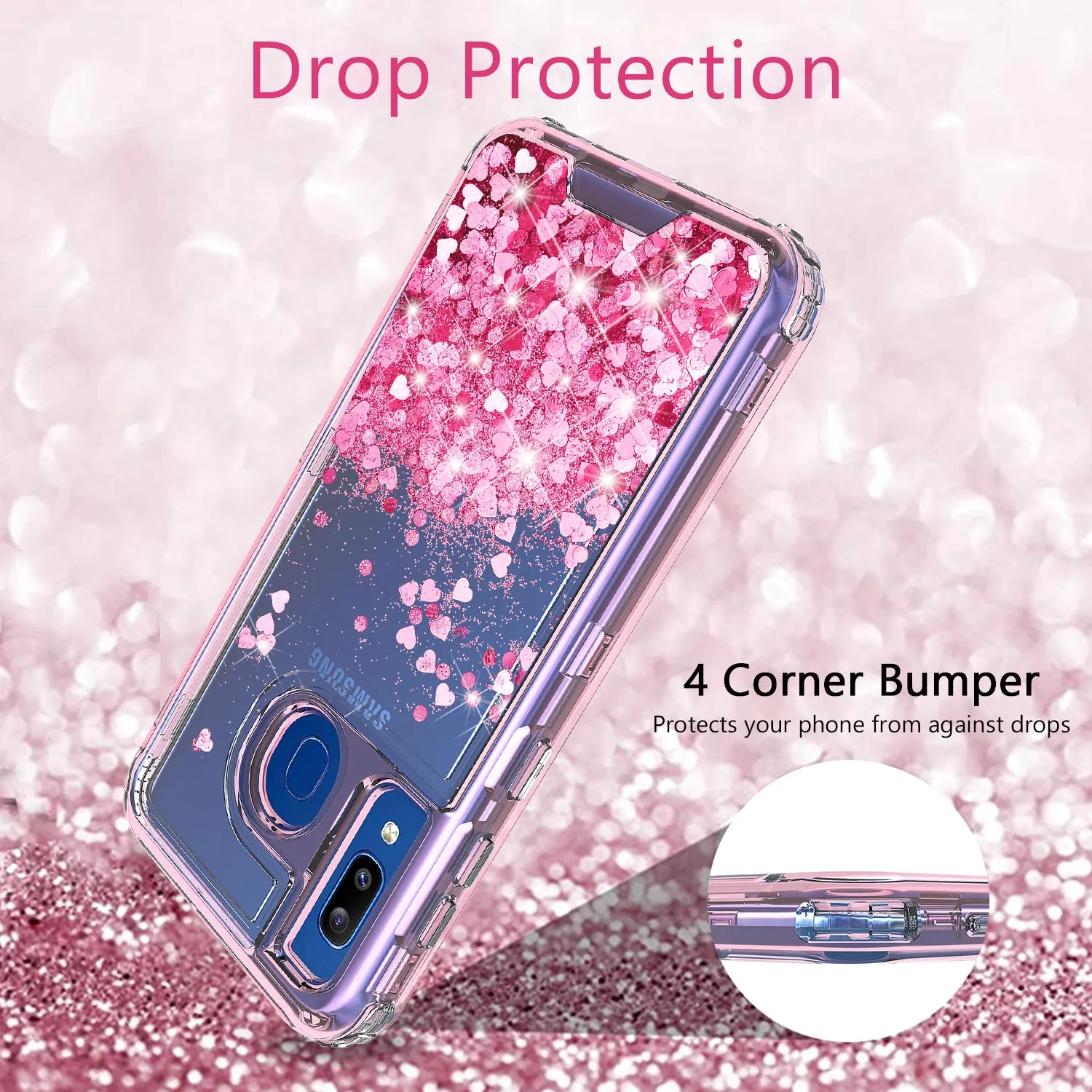 Samsung Galaxy A20 | A30 | A50 Case, Clear Glitter Sparkle Flowing Liquid Heavy Duty Shockproof Three Layer Hard Protective Bling Girls Women Cases for Samsung Galaxy A20/A30/A50 - Pink