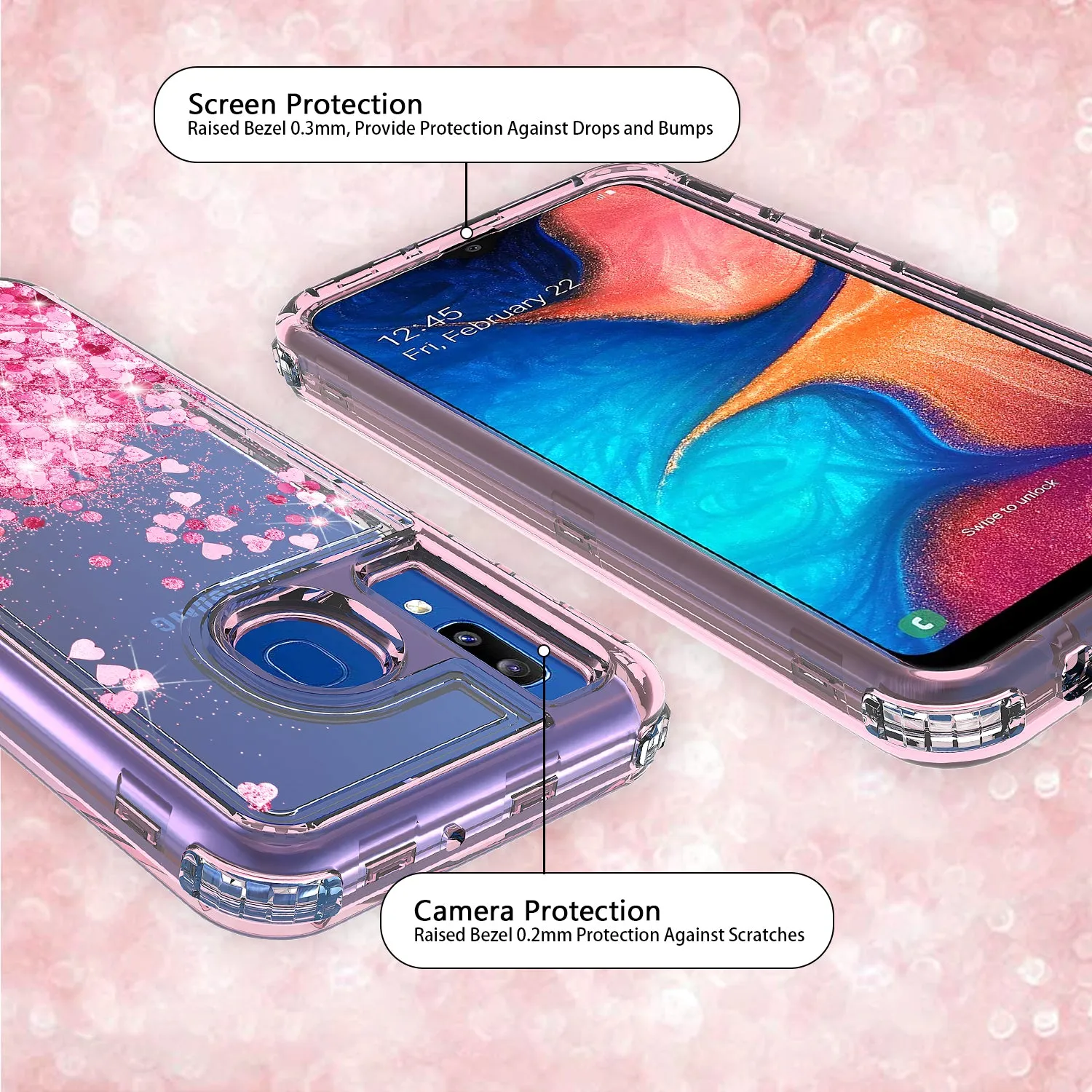 Samsung Galaxy A20 | A30 | A50 Case, Clear Glitter Sparkle Flowing Liquid Heavy Duty Shockproof Three Layer Hard Protective Bling Girls Women Cases for Samsung Galaxy A20/A30/A50 - Pink
