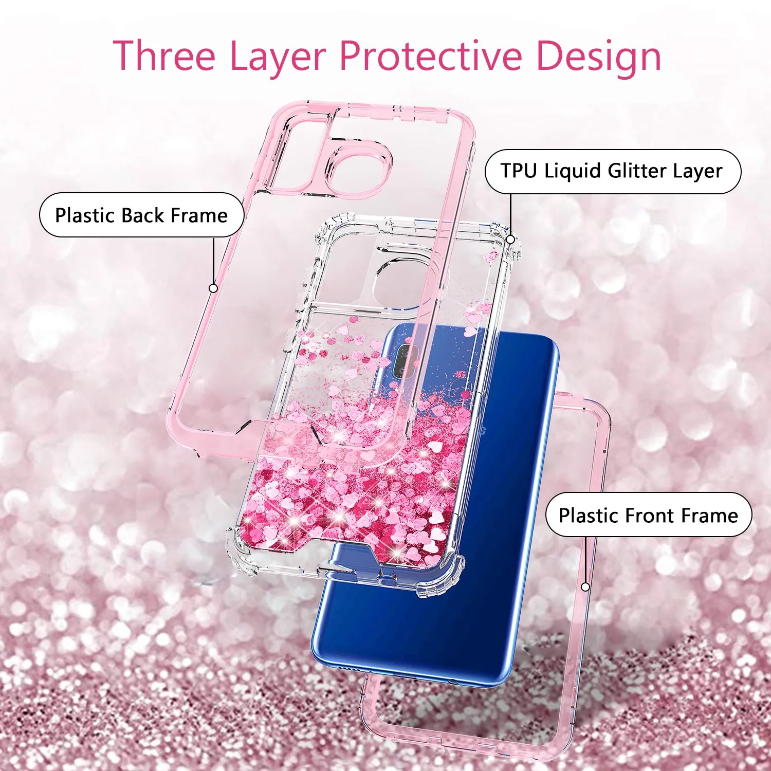 Samsung Galaxy A20 | A30 | A50 Case, Clear Glitter Sparkle Flowing Liquid Heavy Duty Shockproof Three Layer Hard Protective Bling Girls Women Cases for Samsung Galaxy A20/A30/A50 - Pink