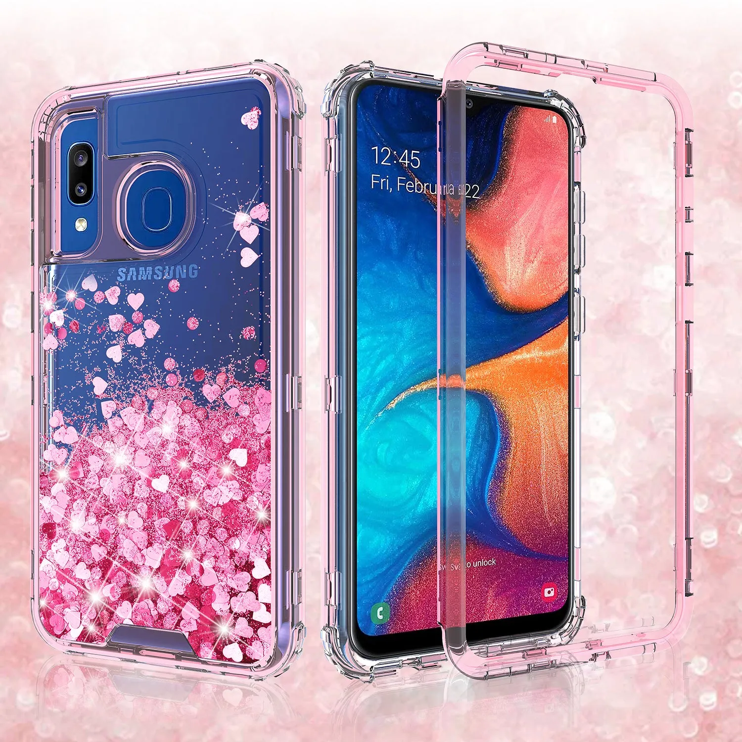 Samsung Galaxy A20 | A30 | A50 Case, Clear Glitter Sparkle Flowing Liquid Heavy Duty Shockproof Three Layer Hard Protective Bling Girls Women Cases for Samsung Galaxy A20/A30/A50 - Pink