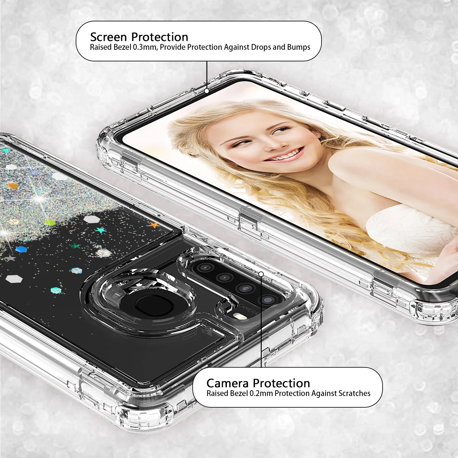Samsung Galaxy A21 Case,Hard Clear Glitter Sparkle Flowing Liquid Heavy Duty Shockproof Three Layer Protective Bling Girls Women Cases for Samsung Galaxy A21 - Clear