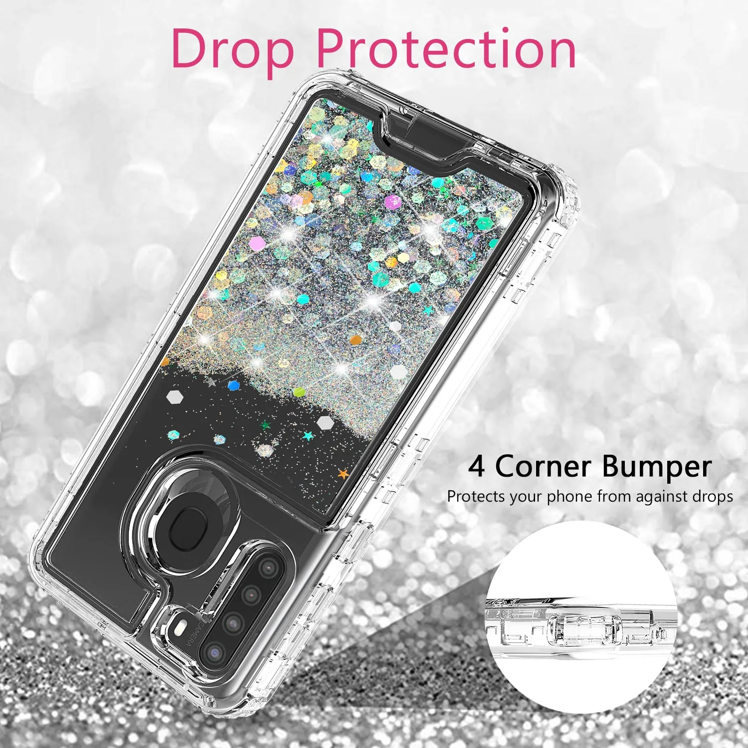 Samsung Galaxy A21 Case,Hard Clear Glitter Sparkle Flowing Liquid Heavy Duty Shockproof Three Layer Protective Bling Girls Women Cases for Samsung Galaxy A21 - Clear