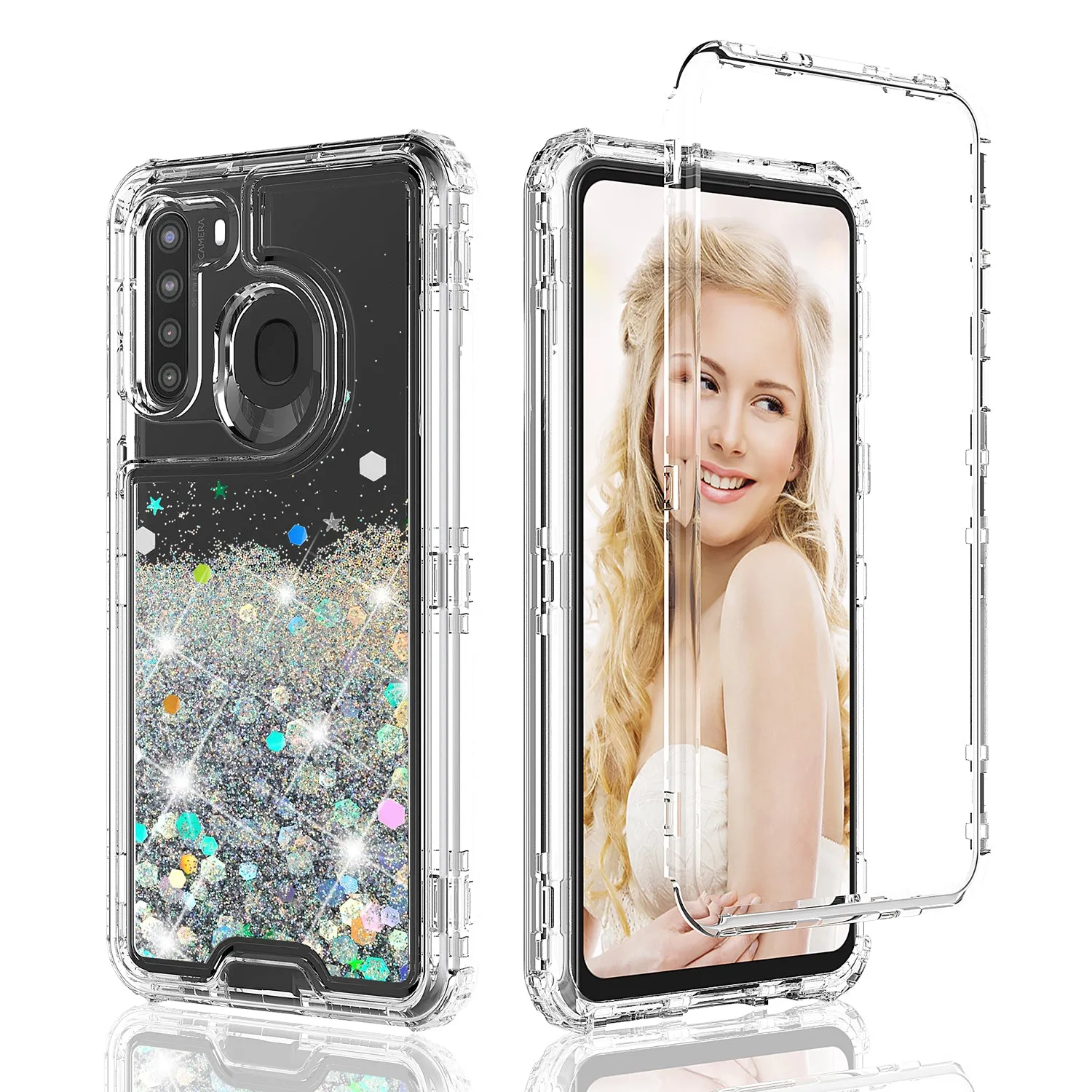 Samsung Galaxy A21 Case,Hard Clear Glitter Sparkle Flowing Liquid Heavy Duty Shockproof Three Layer Protective Bling Girls Women Cases for Samsung Galaxy A21 - Clear