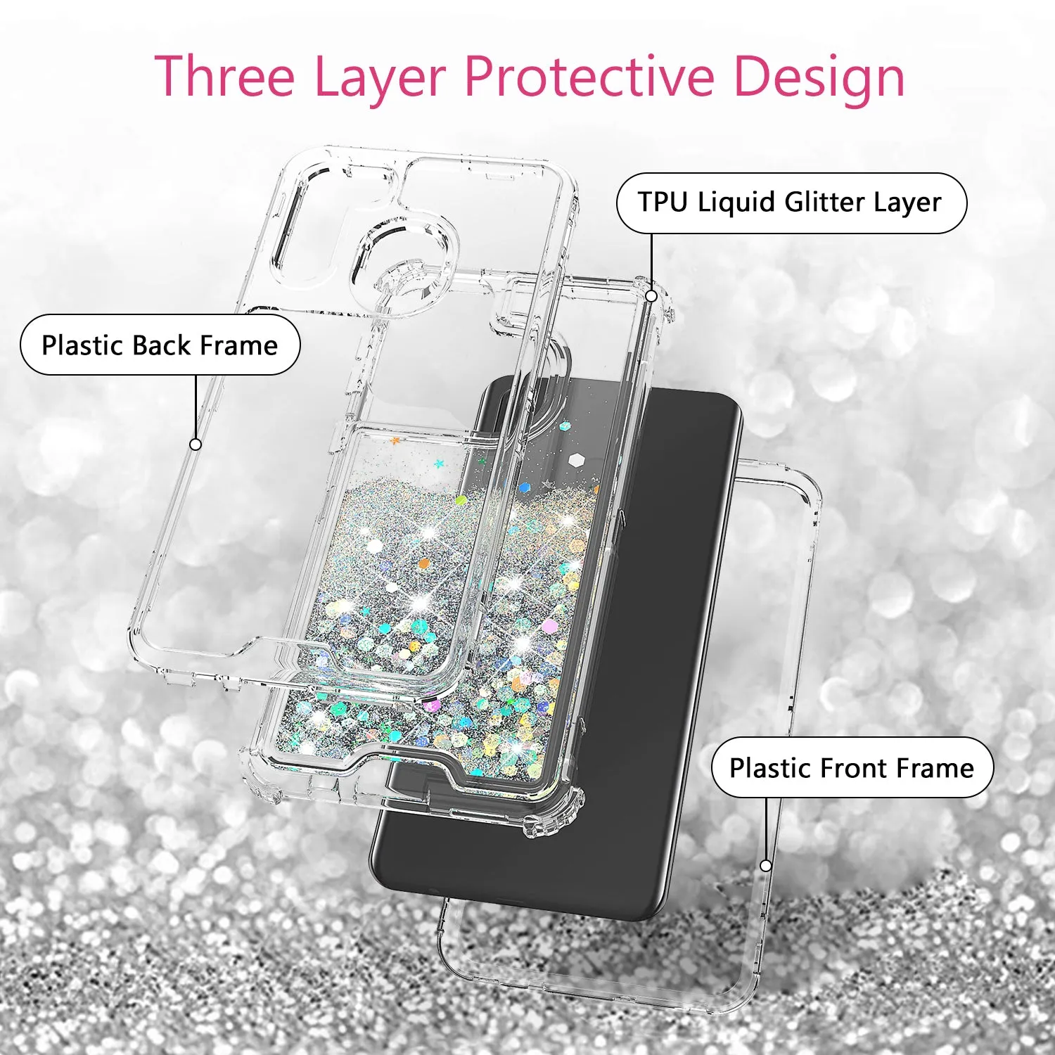 Samsung Galaxy A21 Case,Hard Clear Glitter Sparkle Flowing Liquid Heavy Duty Shockproof Three Layer Protective Bling Girls Women Cases for Samsung Galaxy A21 - Clear