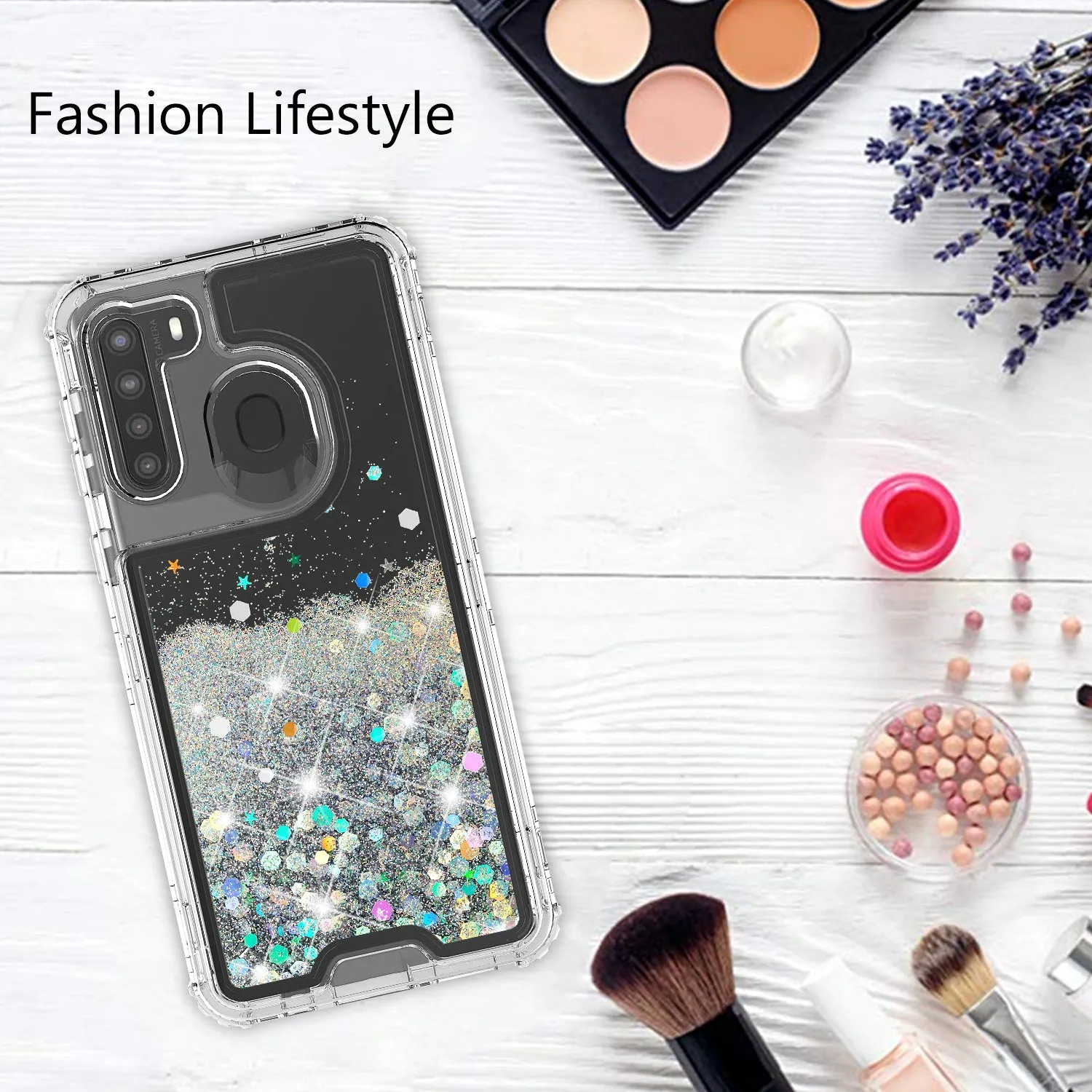 Samsung Galaxy A21 Case,Hard Clear Glitter Sparkle Flowing Liquid Heavy Duty Shockproof Three Layer Protective Bling Girls Women Cases for Samsung Galaxy A21 - Clear