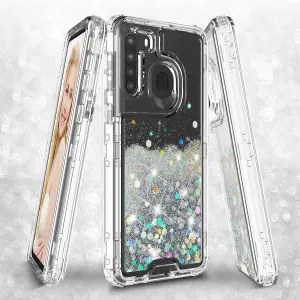 Samsung Galaxy A21 Case,Hard Clear Glitter Sparkle Flowing Liquid Heavy Duty Shockproof Three Layer Protective Bling Girls Women Cases for Samsung Galaxy A21 - Clear