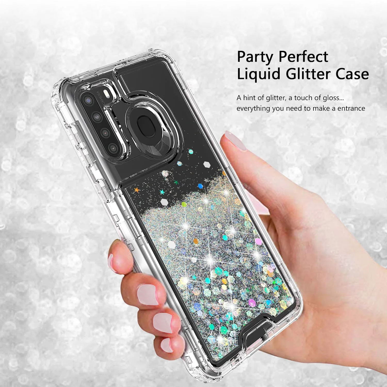 Samsung Galaxy A21 Case,Hard Clear Glitter Sparkle Flowing Liquid Heavy Duty Shockproof Three Layer Protective Bling Girls Women Cases for Samsung Galaxy A21 - Clear