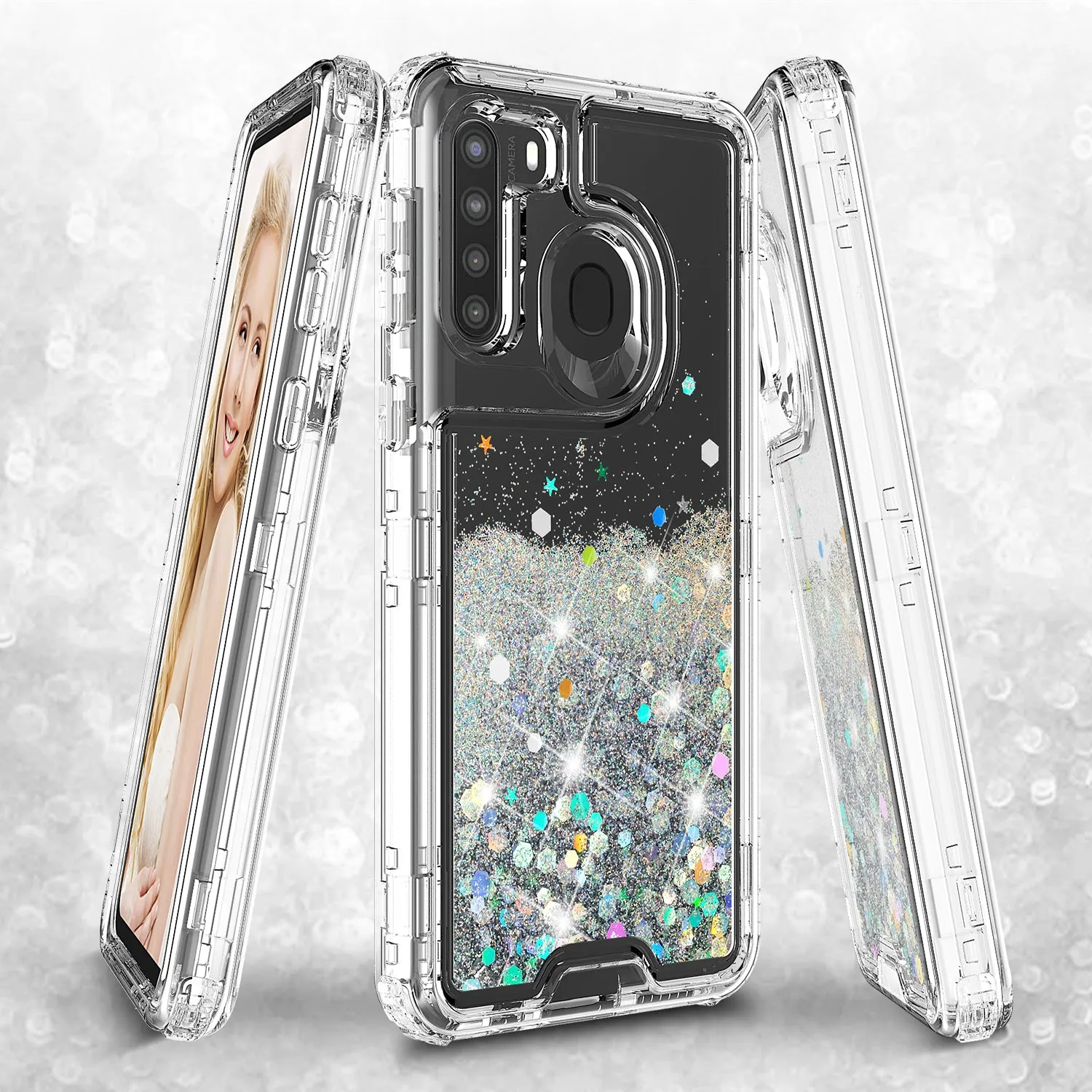 Samsung Galaxy A21 Case,Hard Clear Glitter Sparkle Flowing Liquid Heavy Duty Shockproof Three Layer Protective Bling Girls Women Cases for Samsung Galaxy A21 - Clear