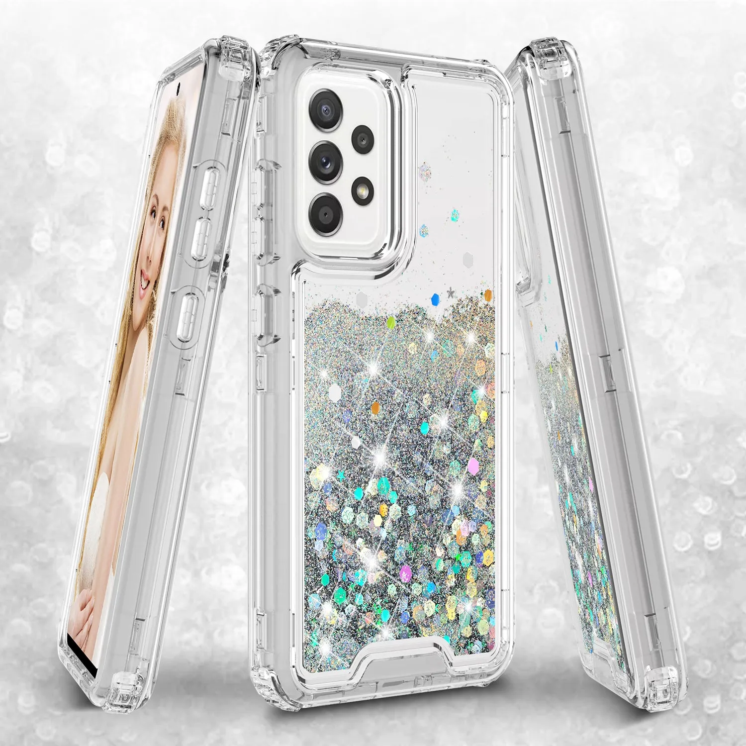 Samsung Galaxy A52 5G Case,Hard Clear Glitter Sparkle Flowing Liquid Heavy Duty Shockproof Three Layer Protective Bling Girls Women Cases for Samsung Galaxy A52 5G - Clear