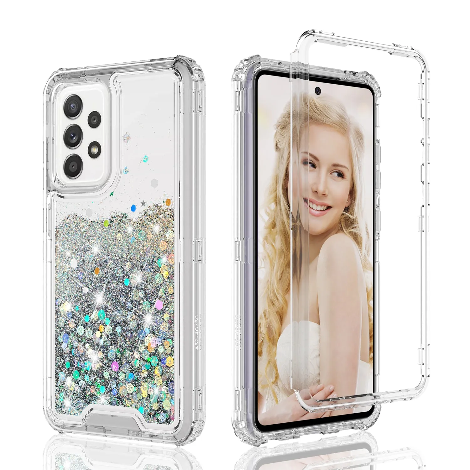 Samsung Galaxy A52 5G Case,Hard Clear Glitter Sparkle Flowing Liquid Heavy Duty Shockproof Three Layer Protective Bling Girls Women Cases for Samsung Galaxy A52 5G - Clear