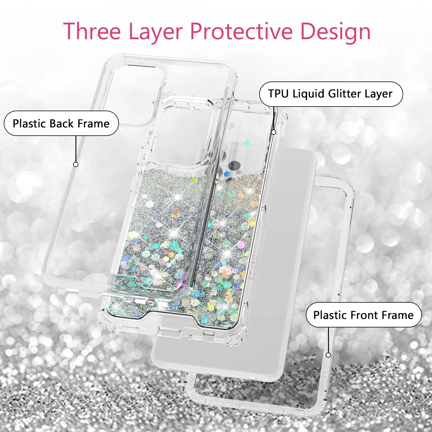 Samsung Galaxy A52 5G Case,Hard Clear Glitter Sparkle Flowing Liquid Heavy Duty Shockproof Three Layer Protective Bling Girls Women Cases for Samsung Galaxy A52 5G - Clear
