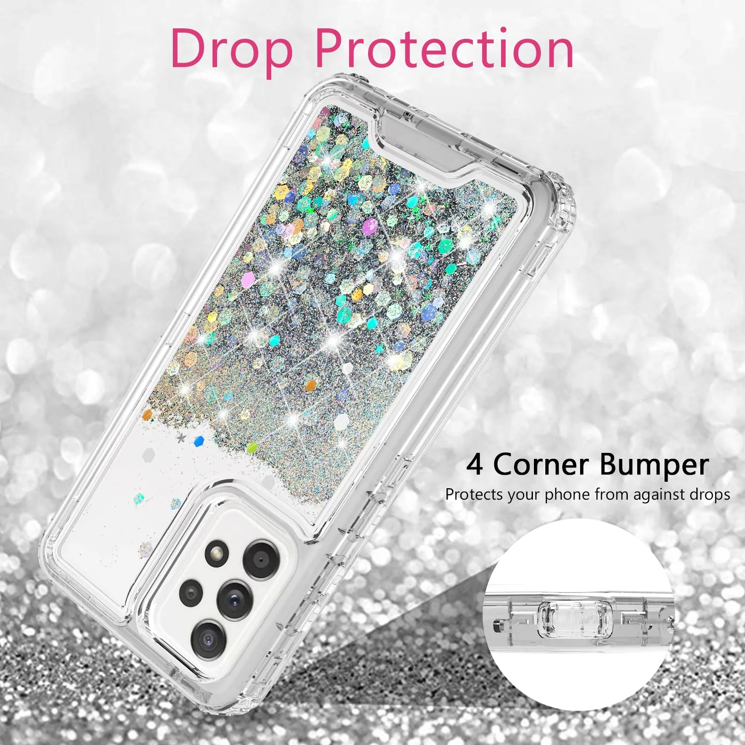 Samsung Galaxy A52 5G Case,Hard Clear Glitter Sparkle Flowing Liquid Heavy Duty Shockproof Three Layer Protective Bling Girls Women Cases for Samsung Galaxy A52 5G - Clear