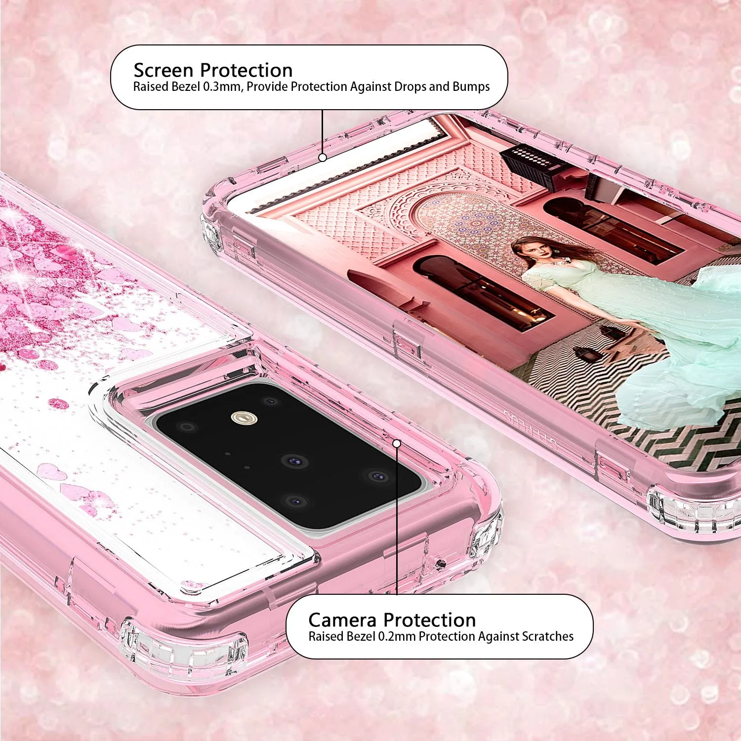 Samsung Galaxy S20 Plus/Galaxy S20  Case,Hard Clear Glitter Sparkle Flowing Liquid Heavy Duty Shockproof Three Layer Protective Bling Girls Women Cases for Samsung Galaxy S20 Plus/Galaxy S20  - Pink