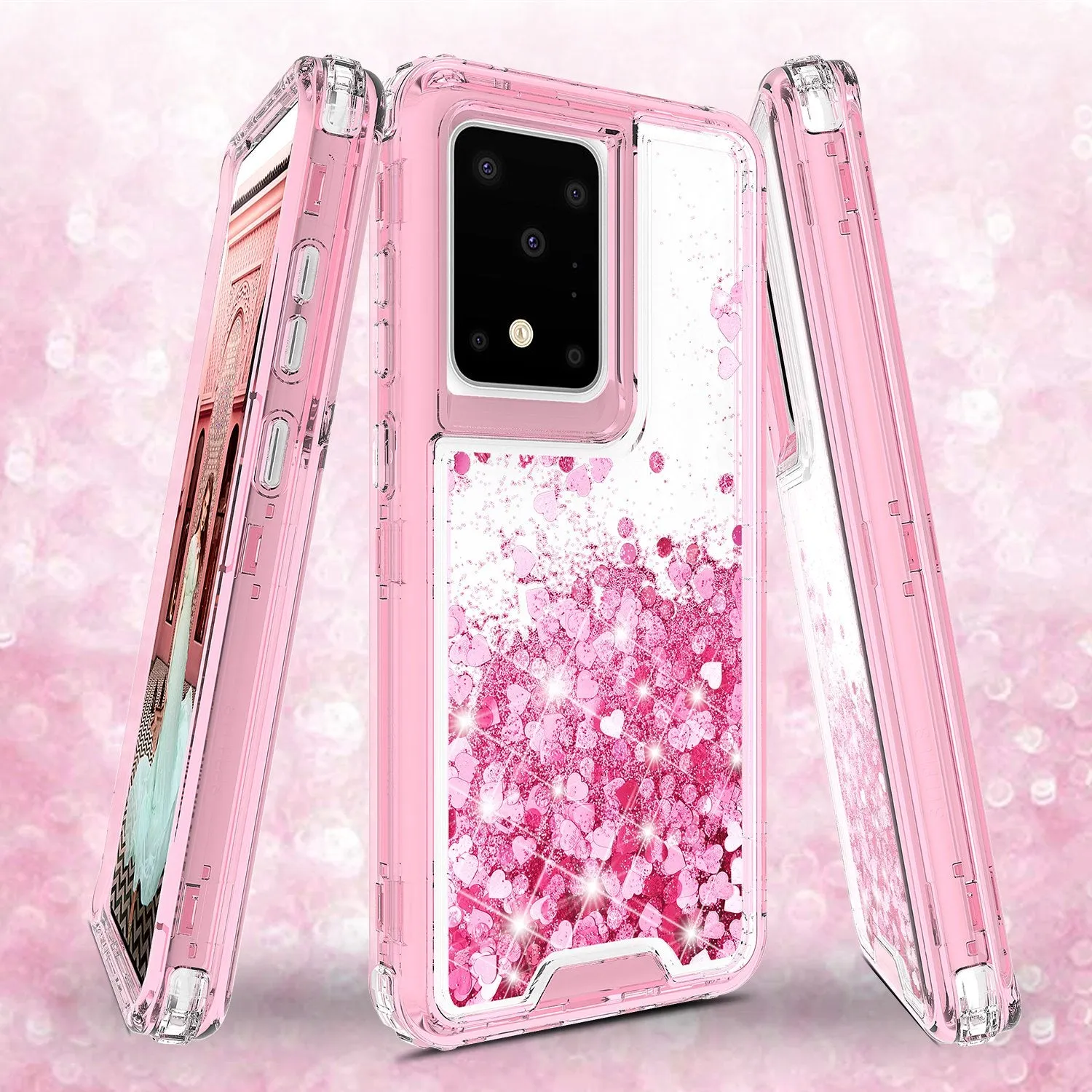 Samsung Galaxy S20 Plus/Galaxy S20  Case,Hard Clear Glitter Sparkle Flowing Liquid Heavy Duty Shockproof Three Layer Protective Bling Girls Women Cases for Samsung Galaxy S20 Plus/Galaxy S20  - Pink