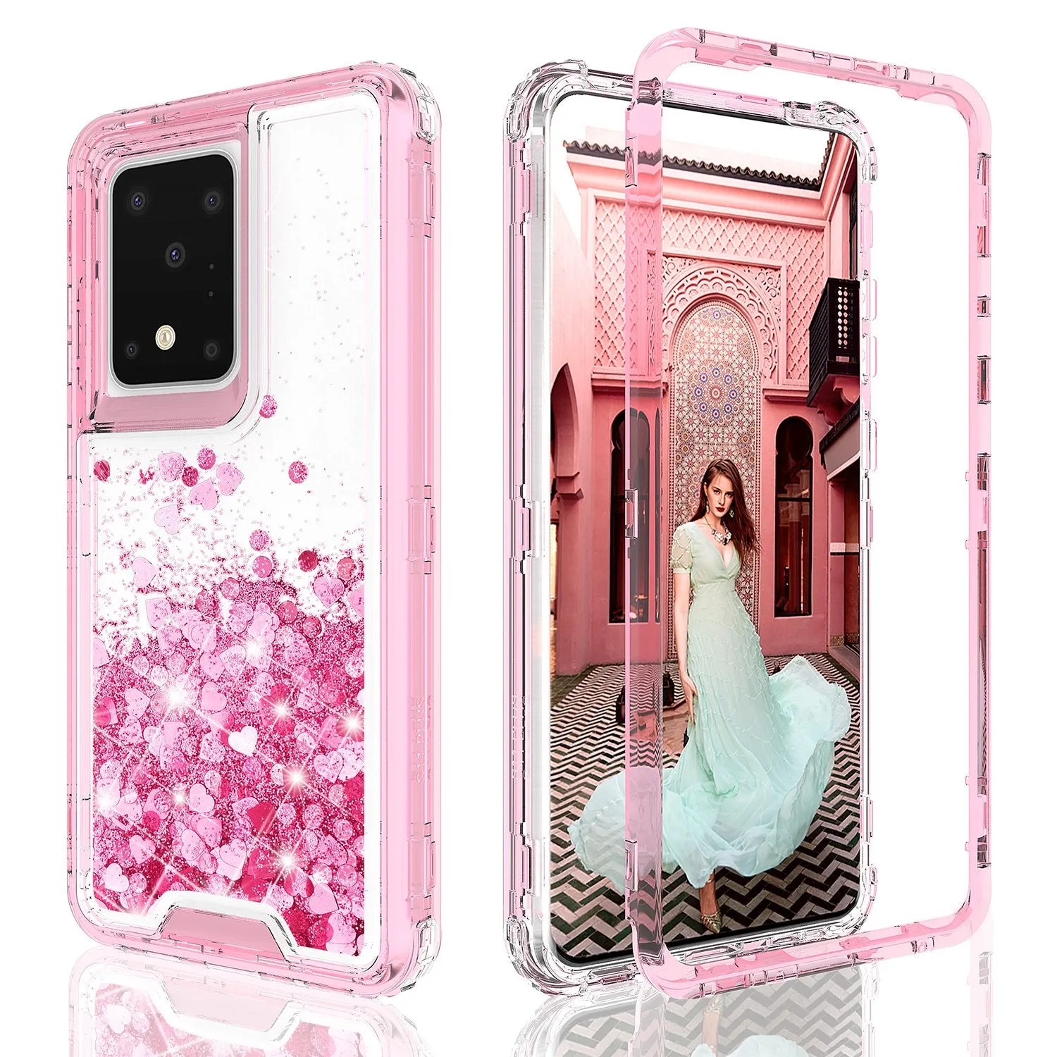 Samsung Galaxy S20 Plus/Galaxy S20  Case,Hard Clear Glitter Sparkle Flowing Liquid Heavy Duty Shockproof Three Layer Protective Bling Girls Women Cases for Samsung Galaxy S20 Plus/Galaxy S20  - Pink