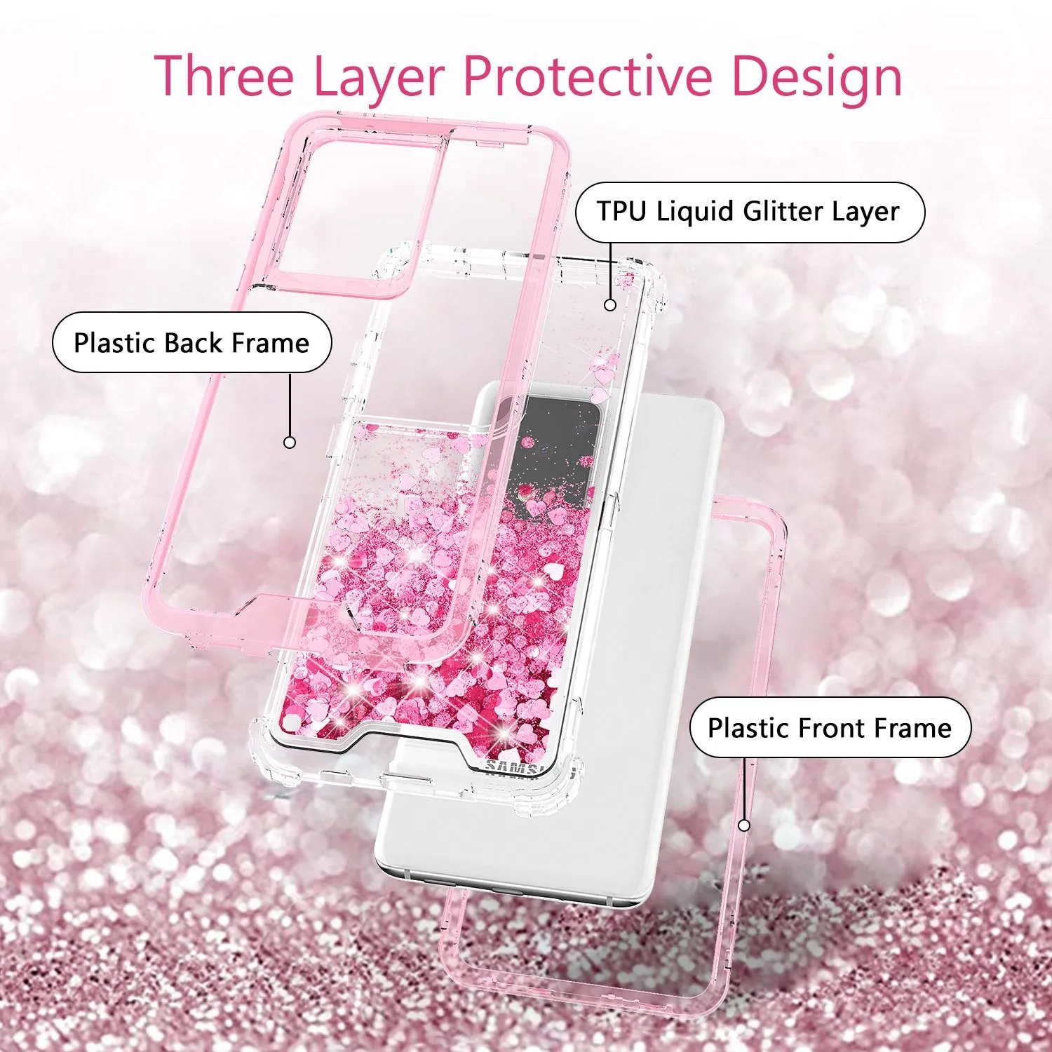 Samsung Galaxy S20 Plus/Galaxy S20  Case,Hard Clear Glitter Sparkle Flowing Liquid Heavy Duty Shockproof Three Layer Protective Bling Girls Women Cases for Samsung Galaxy S20 Plus/Galaxy S20  - Pink