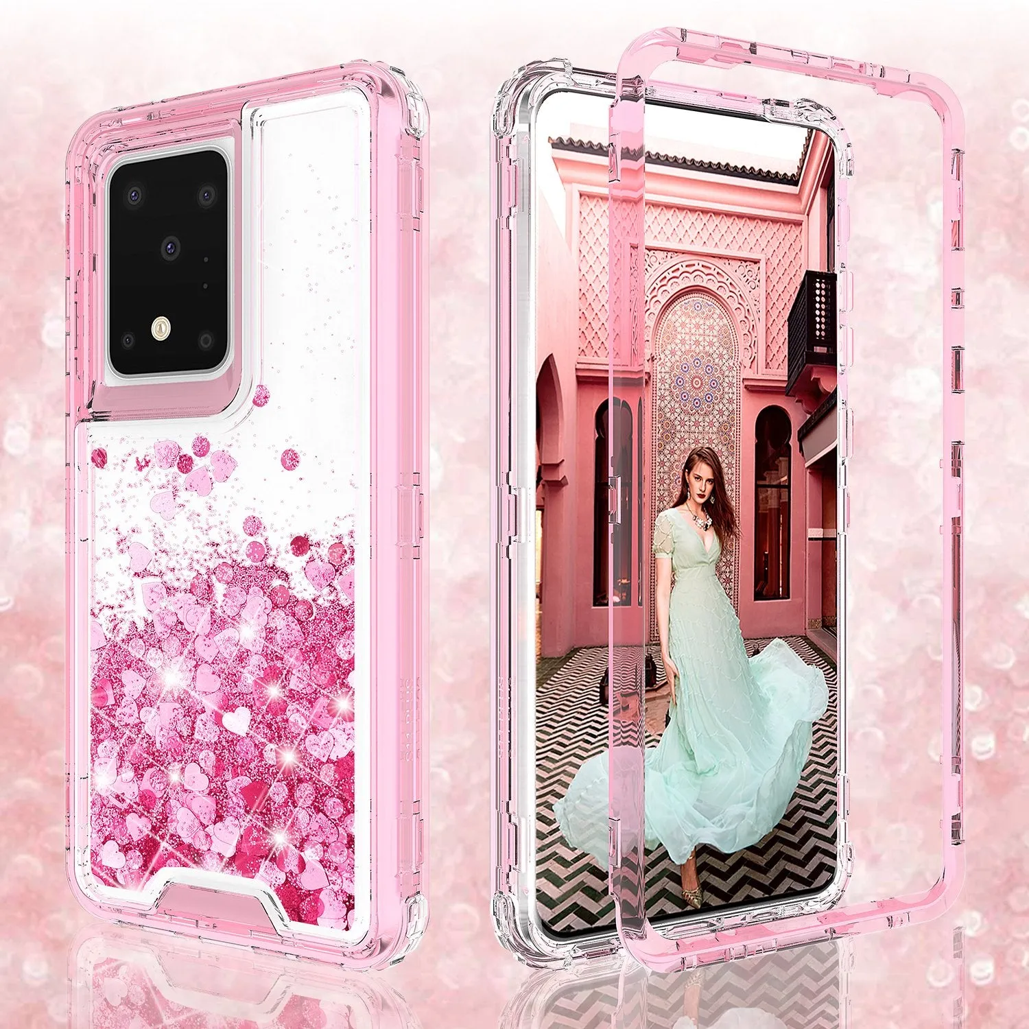 Samsung Galaxy S20 Plus/Galaxy S20  Case,Hard Clear Glitter Sparkle Flowing Liquid Heavy Duty Shockproof Three Layer Protective Bling Girls Women Cases for Samsung Galaxy S20 Plus/Galaxy S20  - Pink