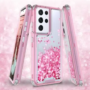 Samsung Galaxy S21 Ultra Case,Hard Clear Glitter Sparkle Flowing Liquid Heavy Duty Shockproof Three Layer Protective Bling Girls Women Cases for Samsung Galaxy S21 Ultra - Pink