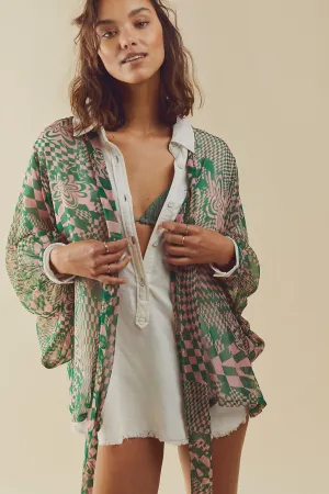 Sheer Floral Geo Tie Front Kimono