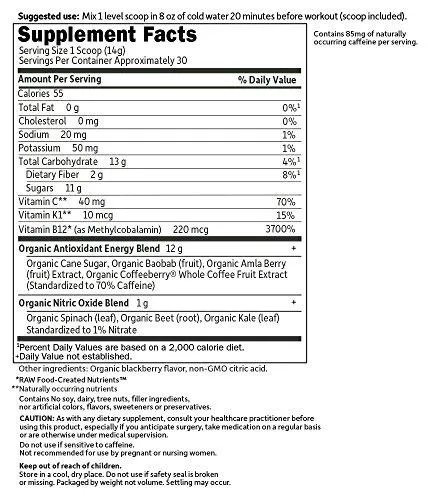 Sport Organic Pre Workout Energy Plus Focus Vegan Energy Powder Blackberry 15.3Oz 432G Powder