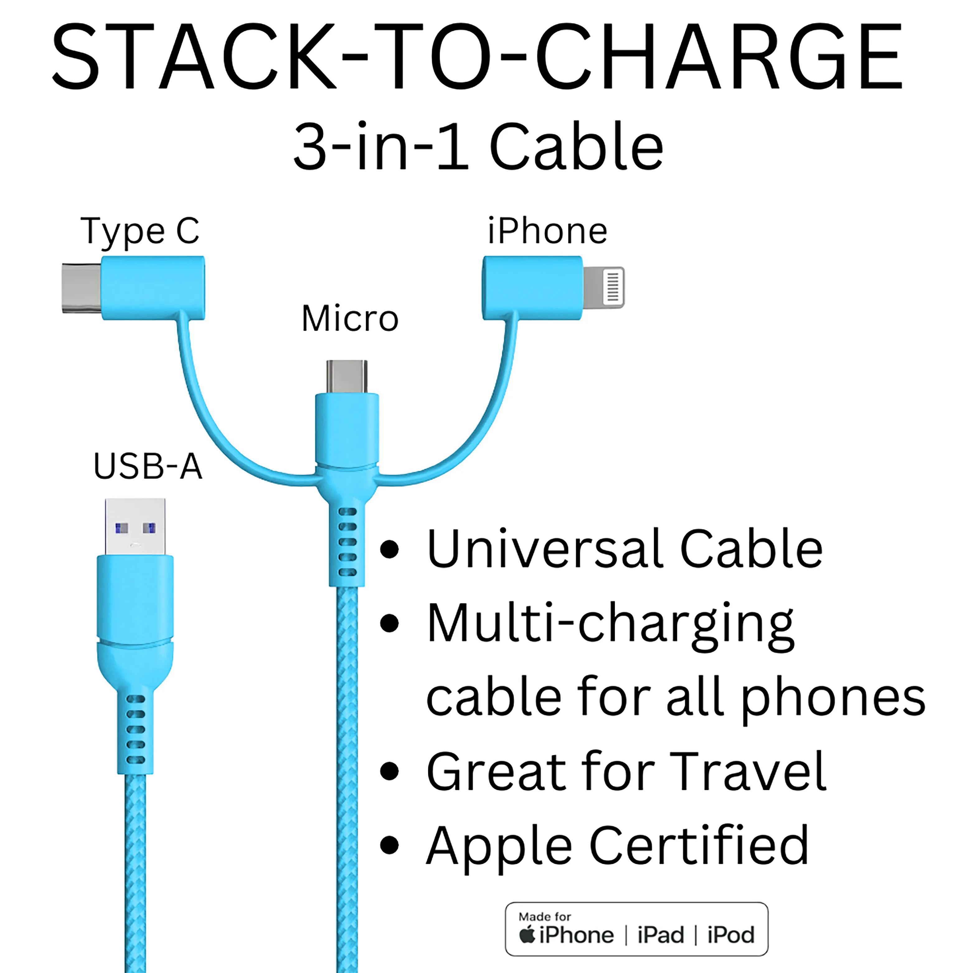 Stack-to-Charge 3-in-1 USB Cable - Turquoise