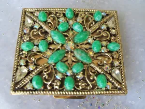 STUNNING Jeweled Powder Compact, Luxurious Purse Compact,Sparkling AB, Faceted and Green Peking Like Glass Stones, S.F.Co, Vintage Compacts