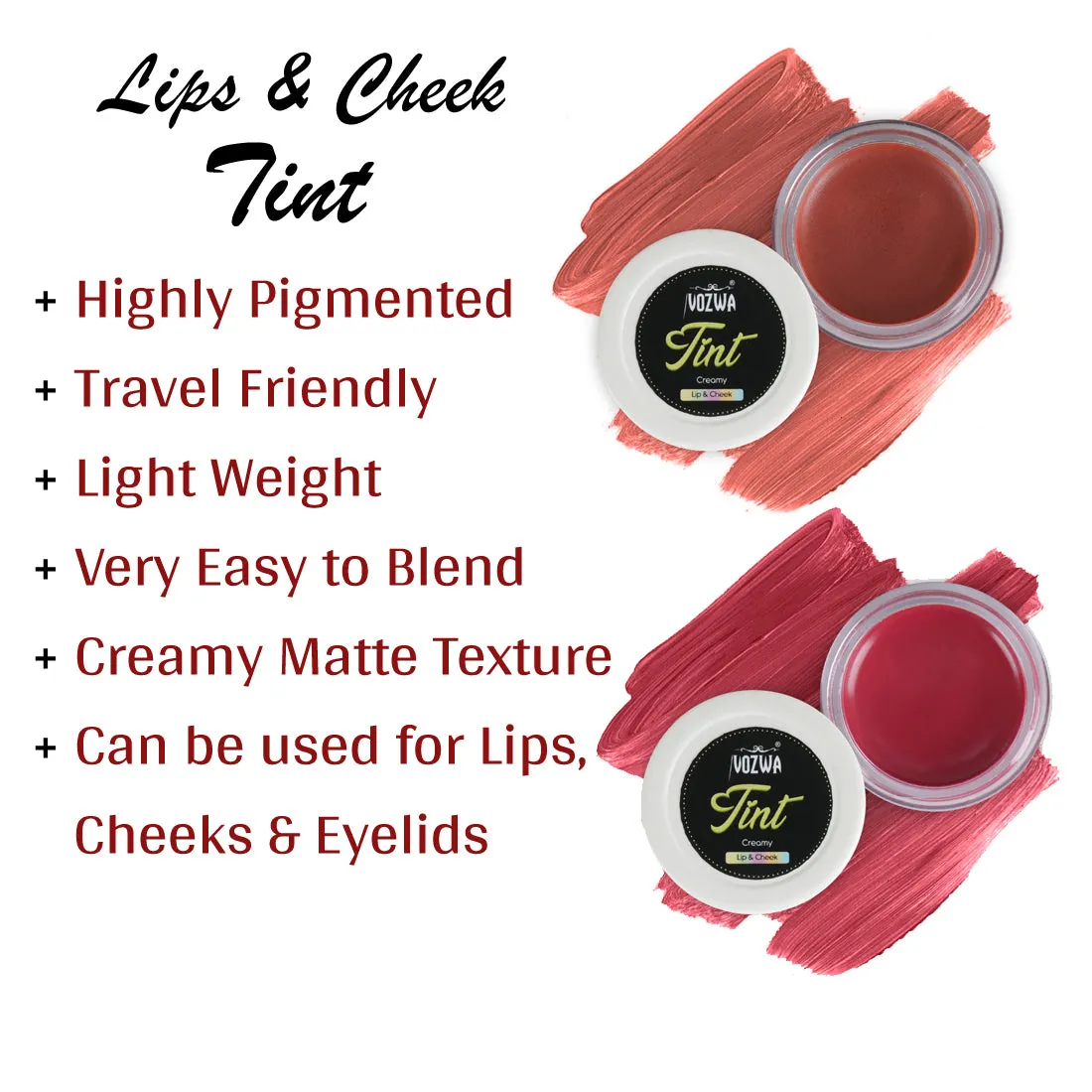 VOZWA Beauty Lip & Cheek Tint | Long Lasting, & Matte Finish Lip  (Pink, Nude Brown, 12 g)