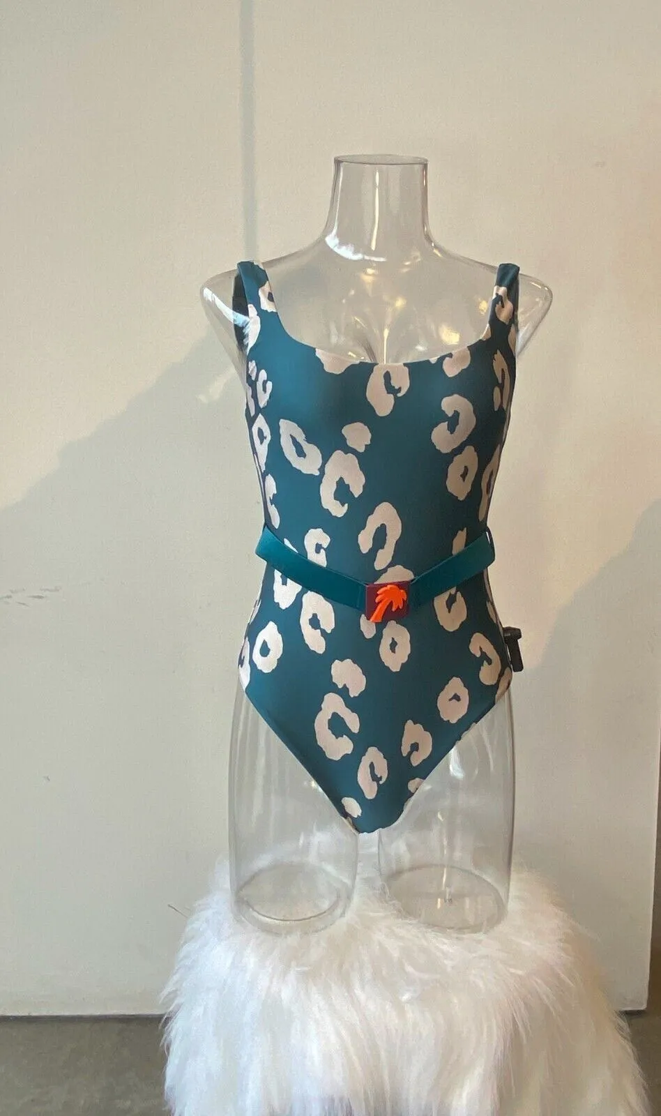Zimmermann Shelly Scoop Buckle One Piece |Teal Leopard, Belt w/ Palm Tree Clasp